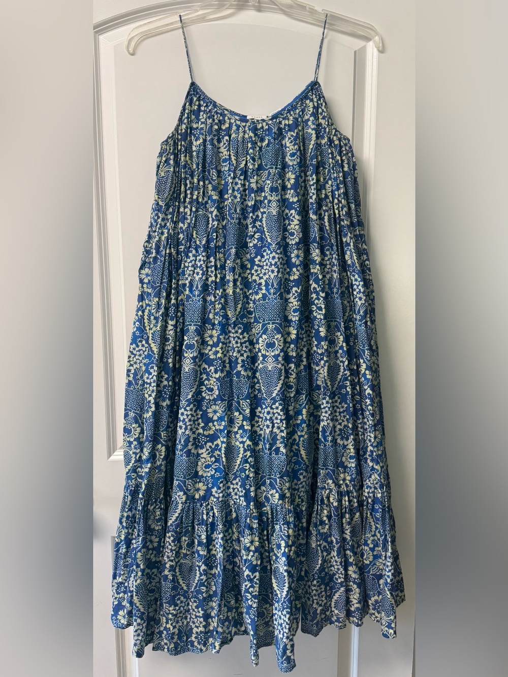 RHODE Lea Belted Blue and Cream Floral Cotton-Poplin Midi Dress XS - Picture 3 of 12